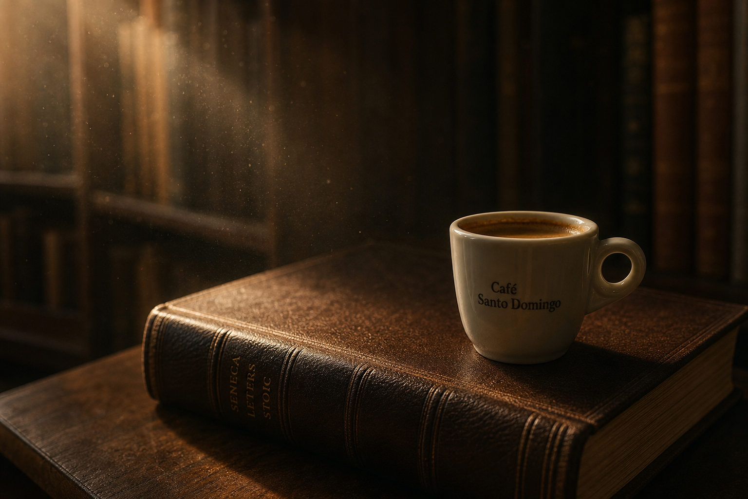 Espresso cup sitting on the edge of a leather-bound book in a dimly lit library, dust particles floating in a shaft of late-afternoon light, deep browns and ochres, moody, contemplative, hyperrealistic.