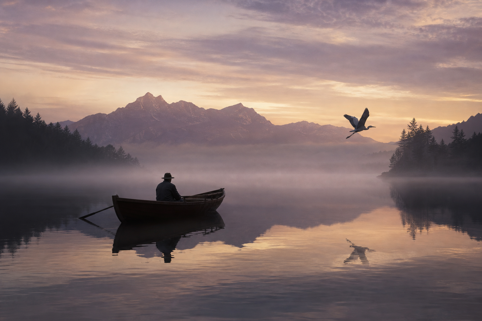 A lone fisherman in a wooden boat on a glass-still lake at dawn, mist hovering an inch above the water, distant mountains silhouetted in lavender, a single heron taking flight, painterly light reminiscent of Caspar David Friedrich, hyperrealistic detail.