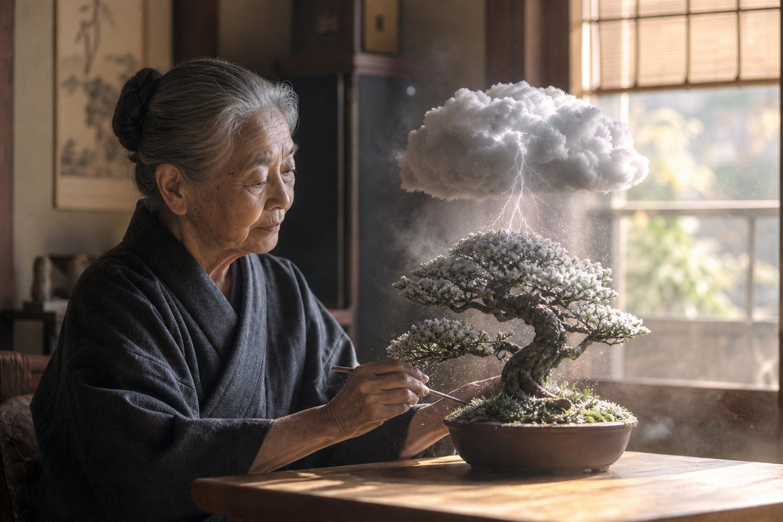 Weather Bonsai
An elderly Japanese woman in her sunlit Kyoto apartment tends a bonsai on a wooden table — but the tree has its own miniature weather system: a real storm cloud the size of a fist hovering over its branches, with tiny lightning, mist, and a dusting of snow on the leaves. Late afternoon light through shoji screens. Photographic, tender, slightly melancholic.