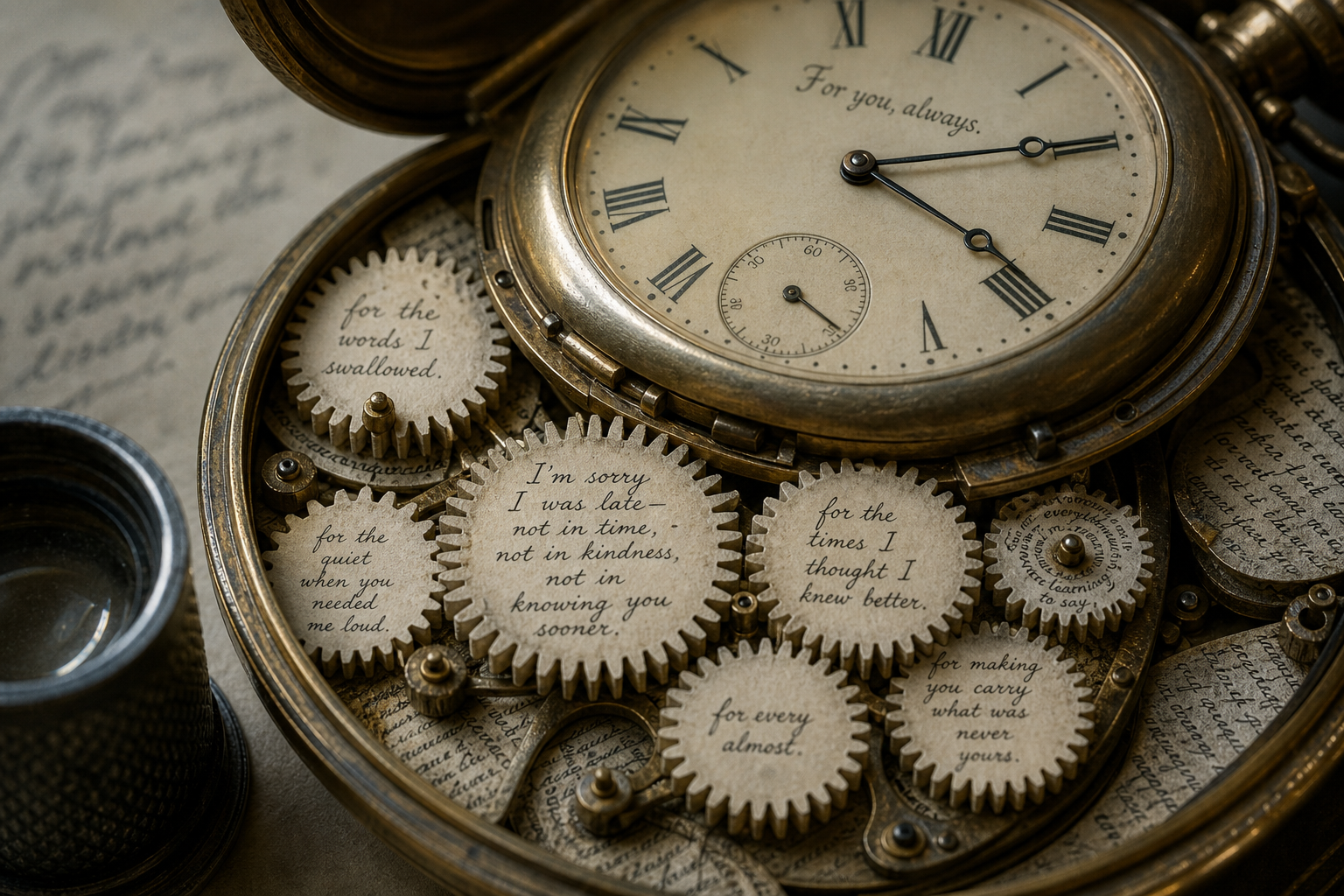 The Watchmaker's Apology
A close macro shot inside an open pocket watch, but the tiny gears have been replaced by impossibly small handwritten apology notes folded into cogwheels, each one turning the next. A jeweler's loupe at the edge of frame. The watch face above reads a time that means something only to two people. Soft museum lighting, brass and ivory tones.