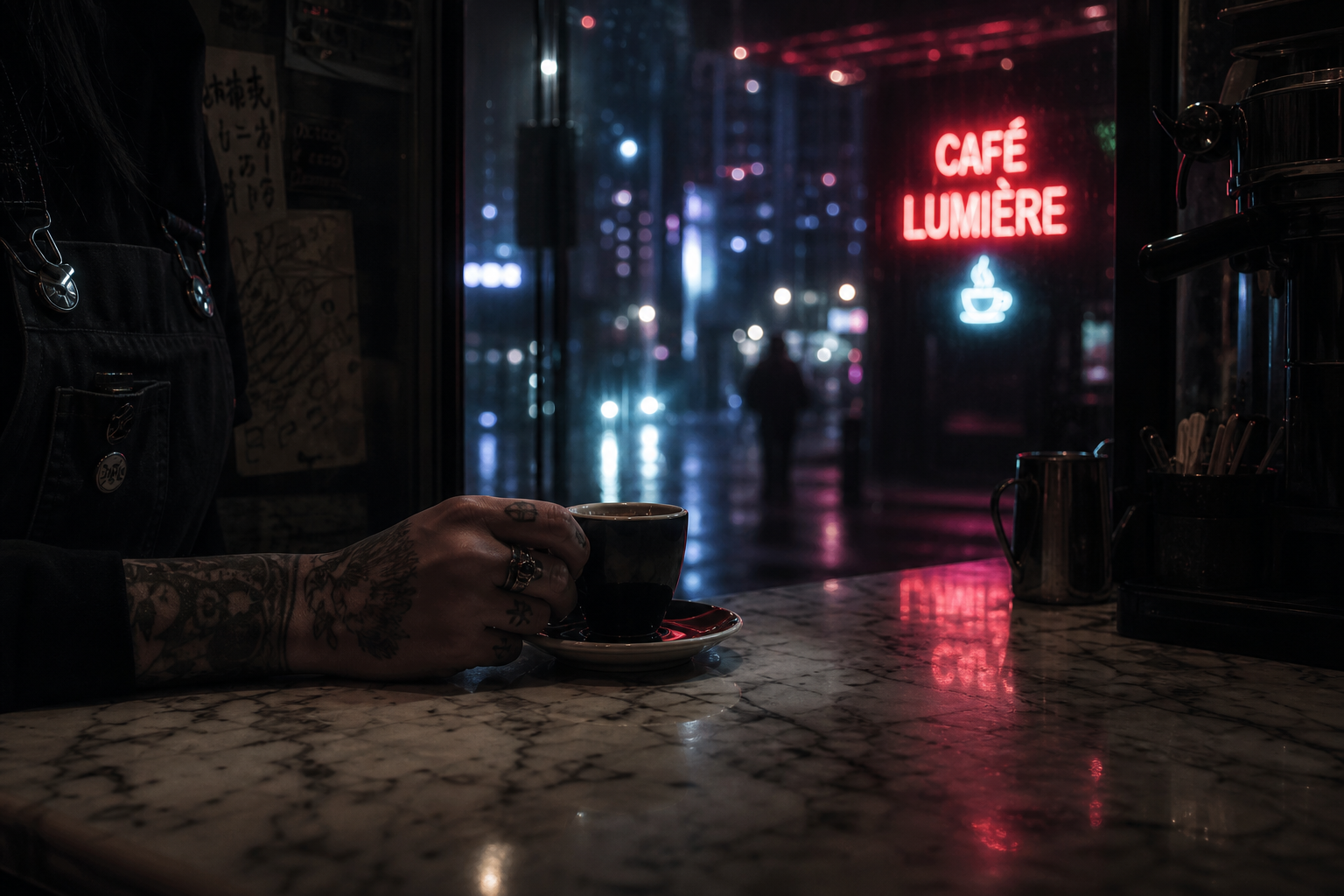 A barista's hand wrapped around an espresso cup at a marble bar, neon café signage glowing faintly outside the window, midnight, soft bokeh, cyberpunk-meets-noir atmosphere, muted palette with one accent of crimson.