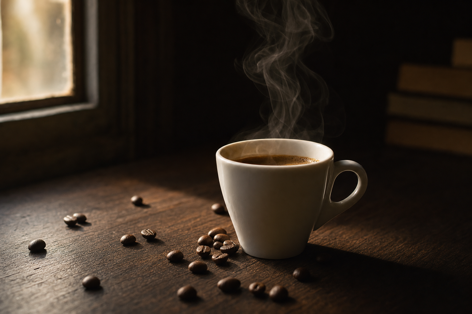 A single white porcelain espresso cup on a dark walnut table, steam curling upward in soft wisps, low warm side-lighting from a single window, deep shadows, scattered coffee beans, shallow depth of field, cinematic, melancholic morning atmosphere.