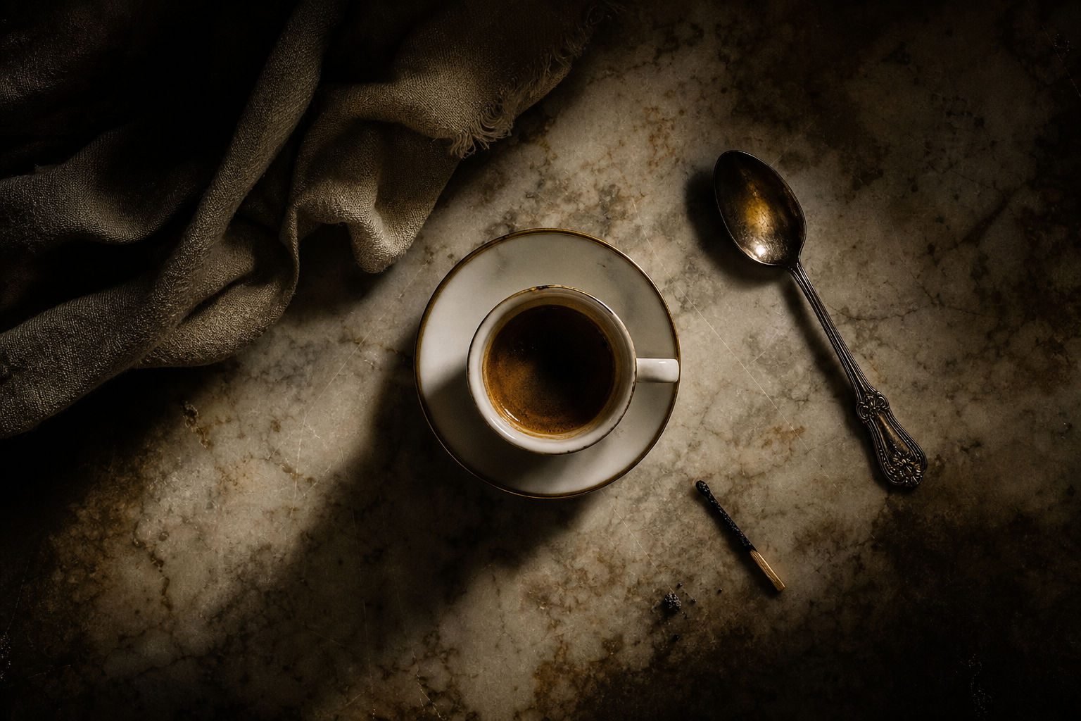 Overhead shot of a tiny espresso cup on a worn marble countertop, surrounded by a crumpled linen napkin, a vintage silver spoon, and a half-burned matchstick, chiaroscuro lighting, Dutch still-life painting vibe, Caravaggio-inspired.