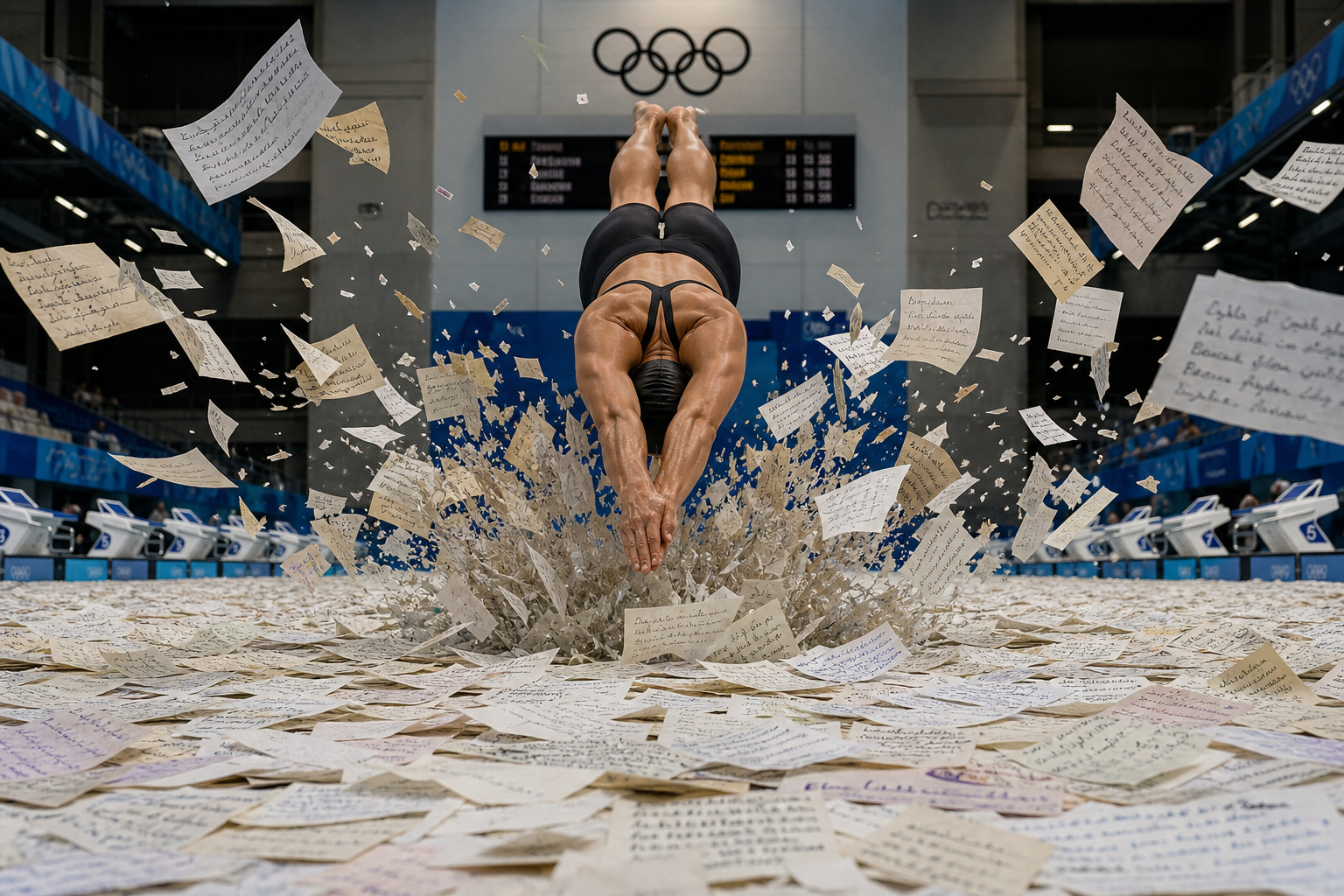 The Letter Pool
High-speed photograph of a swimmer mid-dive into an Olympic pool, but the water has been replaced with thousands of layered handwritten letters in different inks, languages, and decades. The splash flings individual phrases and sentences into the air as legible flying paper. Crisp focus on the swimmer, motion-frozen ink-paper droplets, neutral natural light.
