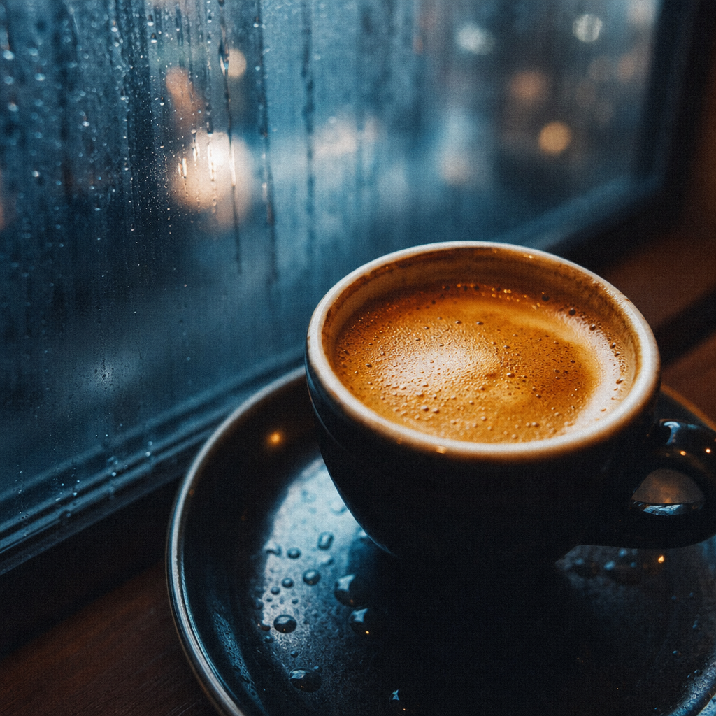 Close-up of an espresso cup with thick golden crema, droplets on the saucer, rain-streaked window blurred in the background, cool blue tones contrasted with the warm amber of the coffee, film grain, 35mm aesthetic.
