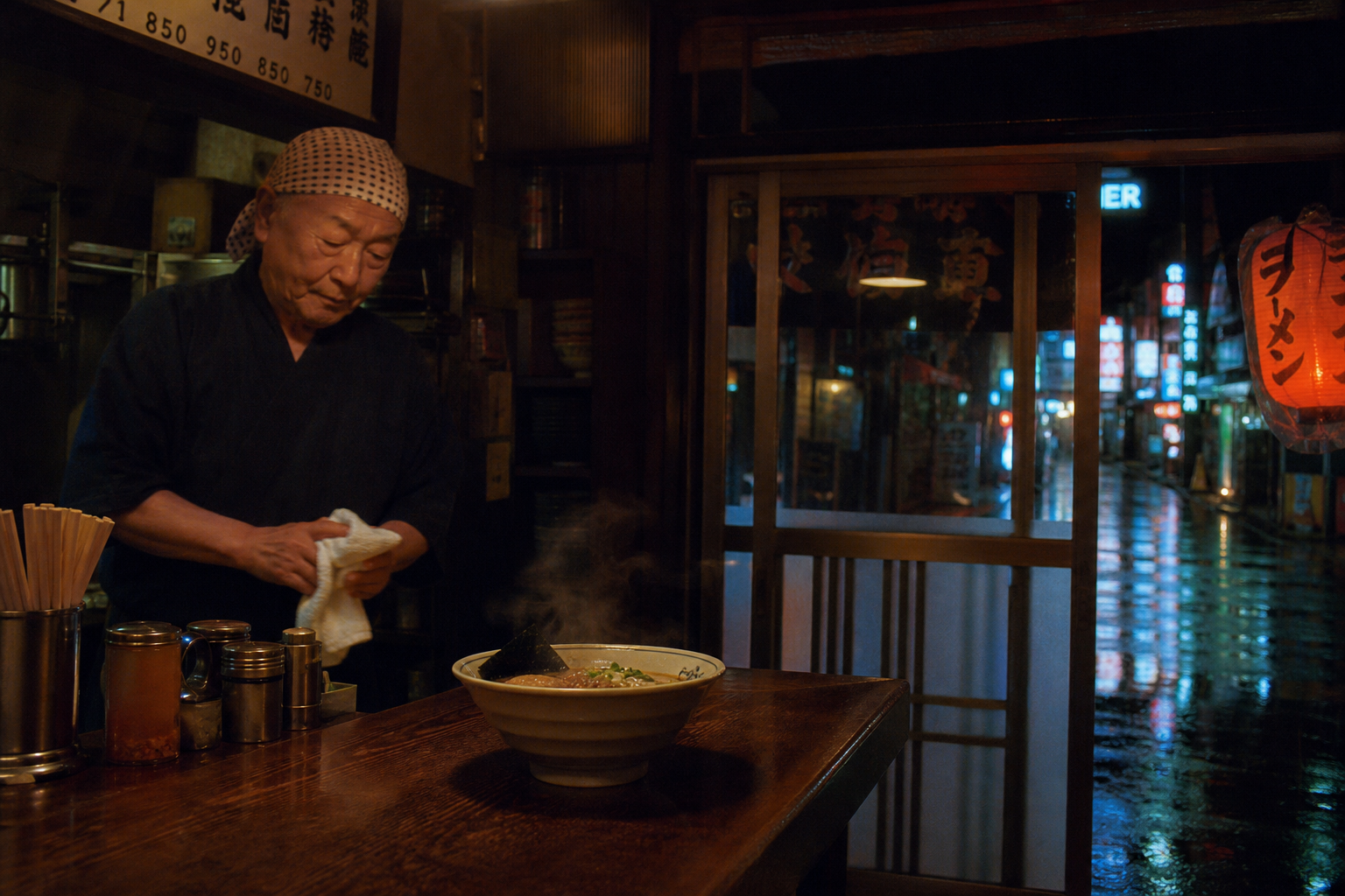 A dimly lit Tokyo ramen counter at 2 a.m., steam rising from a single bowl, an elderly chef wiping his hands on a white cloth, neon reflections in puddles outside the sliding door, shot on Cinestill 800T, melancholic warmth.