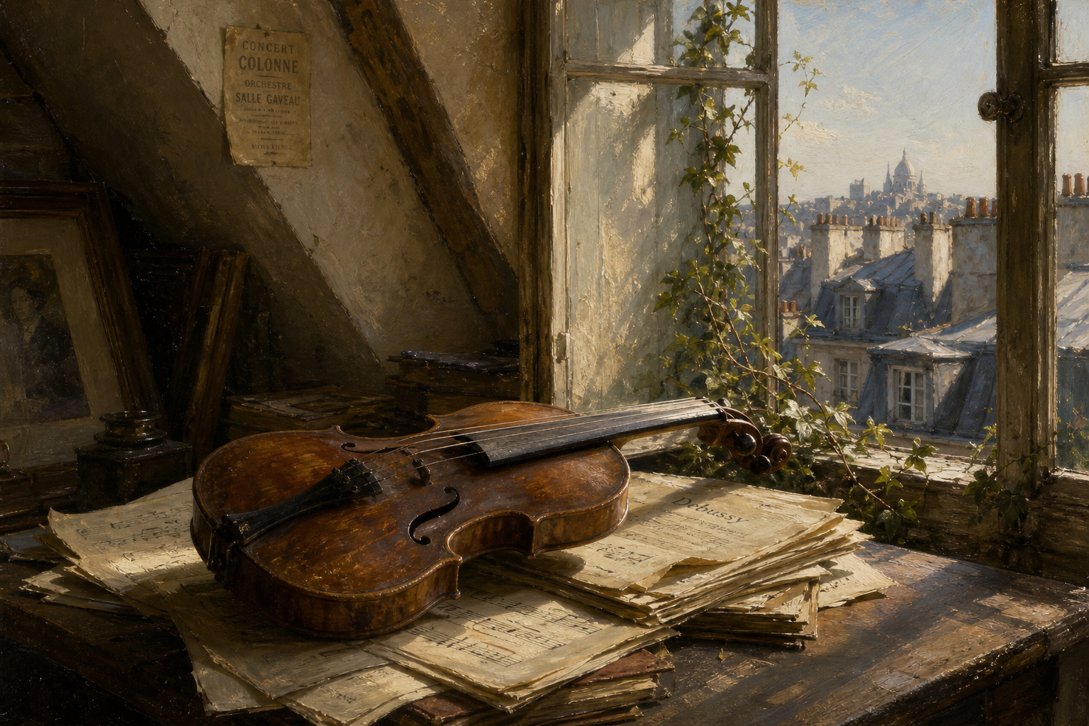 A weathered violin resting on a stack of yellowed sheet music in a sunlit Parisian attic, a window cracked open to rooftops and chimneys, ivy creeping along the sill, oil-painting texture, Vermeer's light.