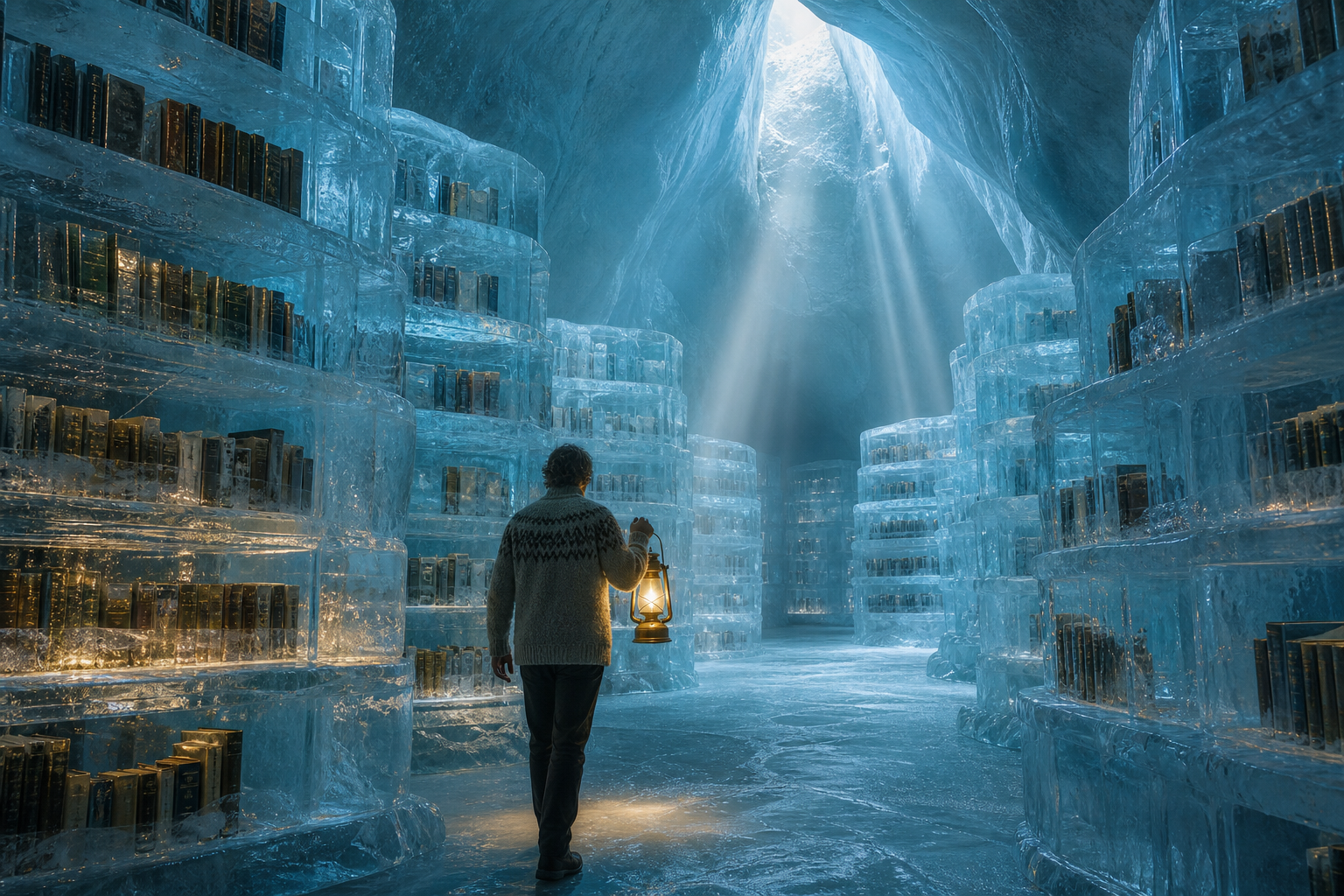 The Glacier Library
A vast library carved entirely from the interior of an ancient blue glacier, where the books themselves are frozen mid-air inside translucent ice shelves that glow from within. A single librarian in a wool sweater walks between the stacks holding a brass lamp. Volumetric god-rays filter down through a crevasse skylight. Hyperreal, cold palette of cyan and pale gold, quiet and reverent mood.