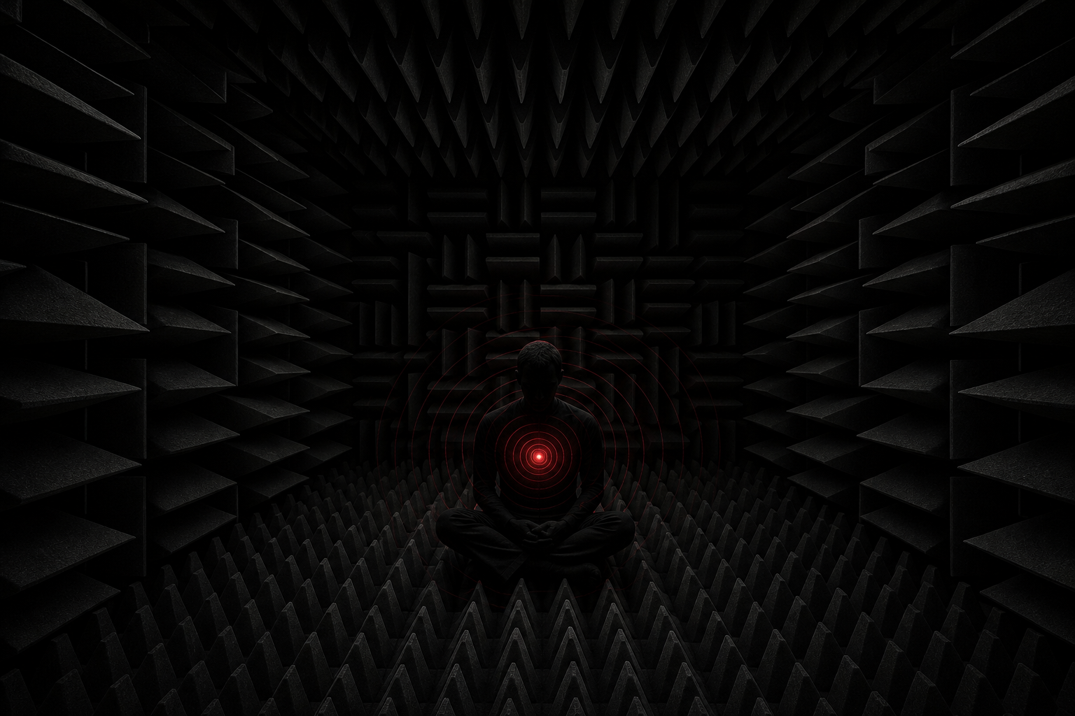 The Sound of Silence
A figure sits cross-legged inside a fully anechoic chamber — total black, walls bristling with wedge-foam in every direction including floor and ceiling. Faint concentric ripples of dim red light emanate from the figure's chest, visualizing their own heartbeat as the only sound left in the world. Scientific-illustration precision meets surrealist mood. Almost monochrome, with the red pulses as the only color.