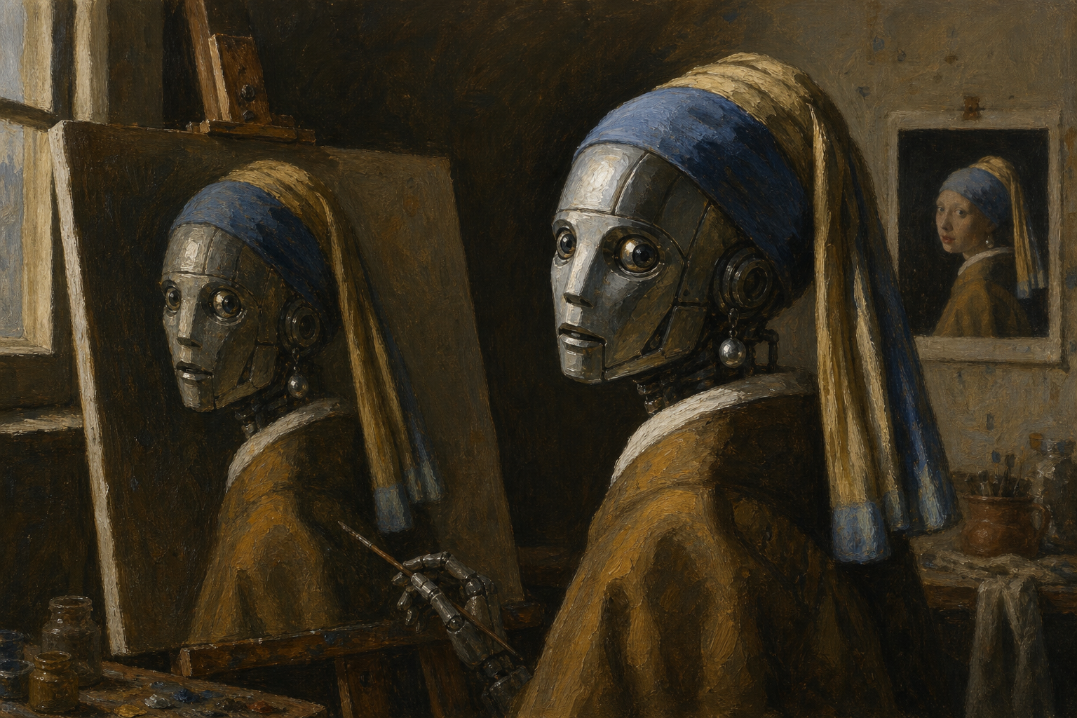 The Robot Who Knew One Painting
A studio self-portrait of a humanoid robot painter who has only ever seen Vermeer's Girl with a Pearl Earring and is now attempting to paint itself in oils — turning its mechanical head over its shoulder in the exact pose, trying to mimic that famous parted-lips expression with a polished metal jaw. Single north-facing window light, muddy-warm Dutch palette, painted in visible brushwork.