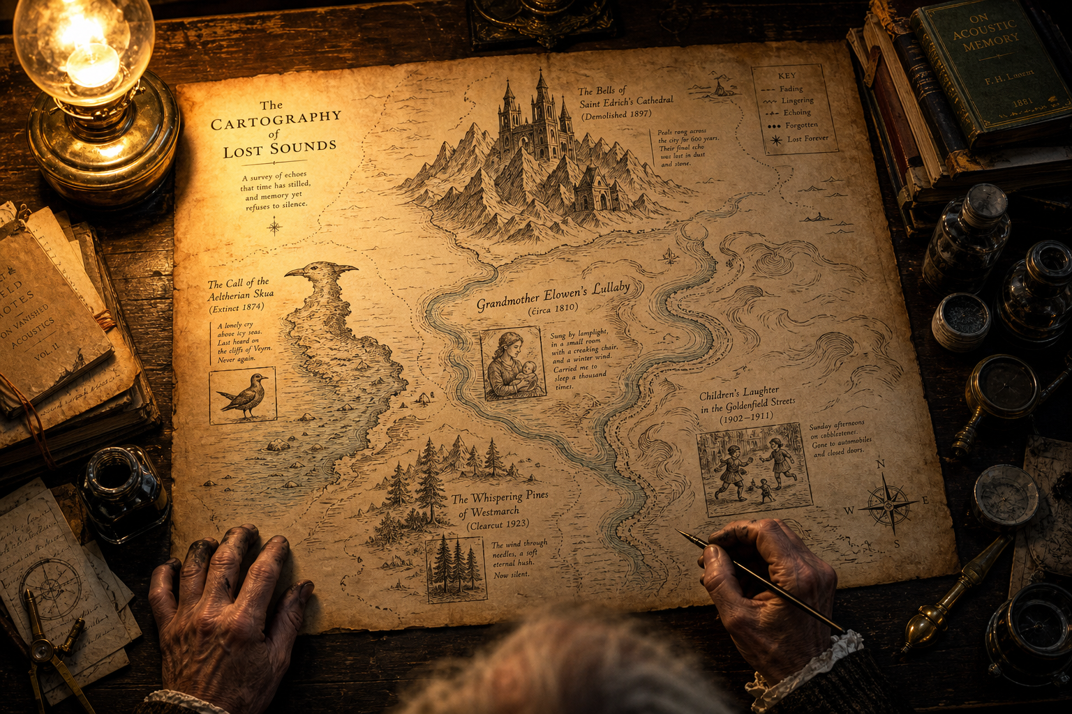 The Cartographer of Lost Sounds
An overhead view of a Victorian-era desk where an elderly cartographer is drawing a map — but instead of land, the parchment charts the geography of sounds that no longer exist: the call of an extinct bird marked as a coastline, a demolished cathedral's bells as a mountain range, a great-grandmother's lullaby as a winding river. Tiny detailed illustrations annotate each region. Warm lamplight, ink-stained fingers visible at the edge of frame, the parchment glowing slightly.