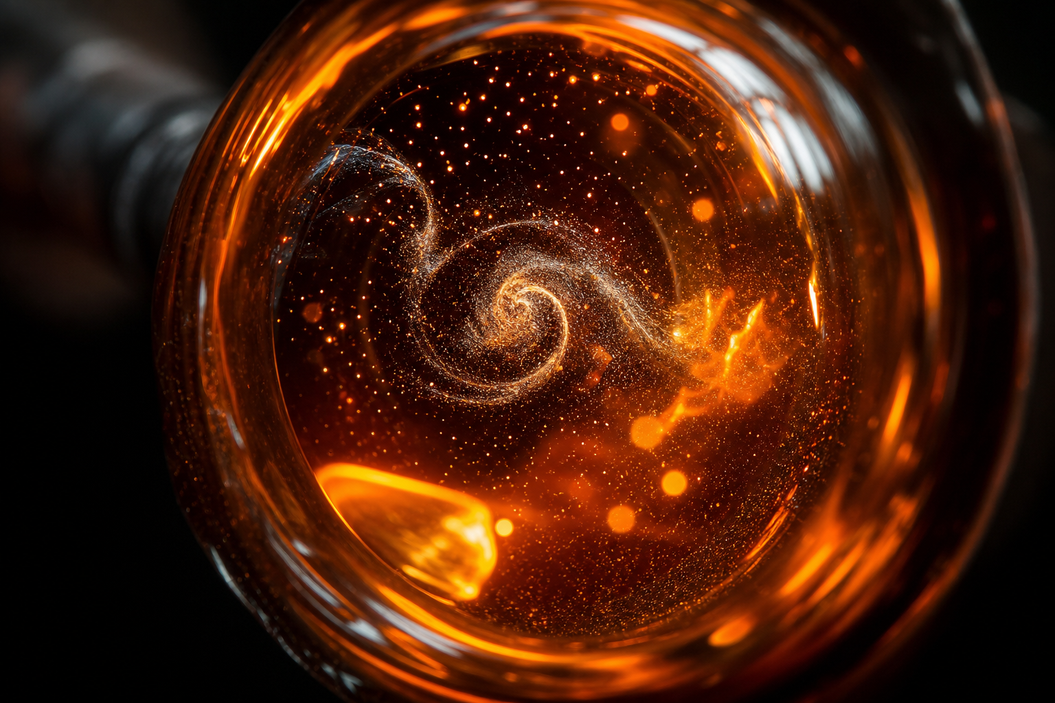 Glassblower's Galaxy
Extreme macro shot looking inside a molten glass bubble at the exact instant the glassblower's exhale becomes visible — the breath rendered as a swirling galaxy of silver dust and sparks suspended in the glowing orange interior. Shallow depth of field, dramatic chiaroscuro, an almost cosmological quality to something usually invisible.