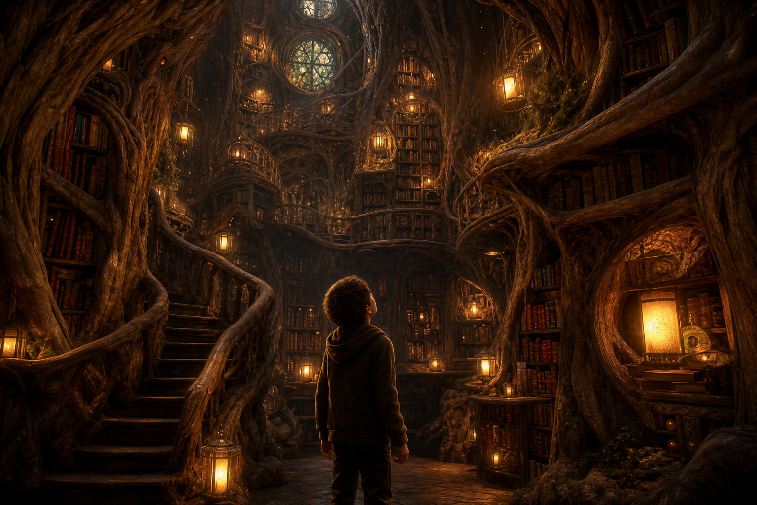 A library carved into the inside of a massive ancient tree, spiral staircases of polished root-wood winding past glowing lanterns and endless leather-bound books, a child looking up in wonder, magical realism