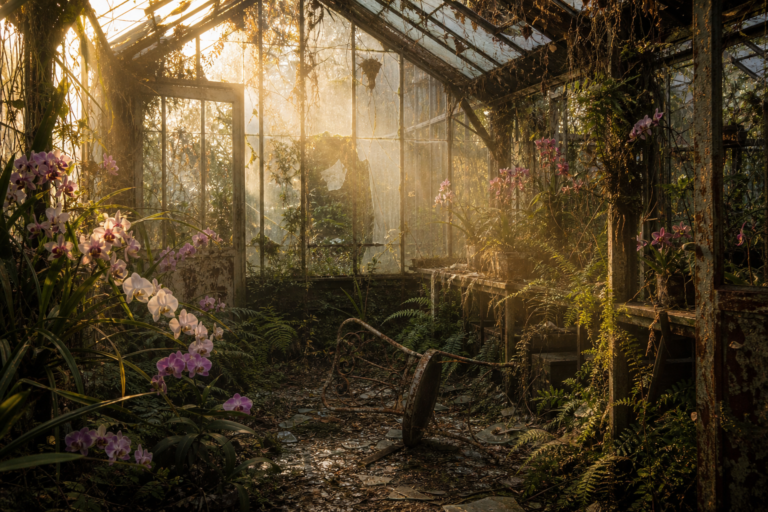 An abandoned greenhouse overtaken by wild orchids and ferns, shattered glass panels letting in shafts of golden hour light, a rusted iron chair tipped over in the center, dust motes suspended in air.